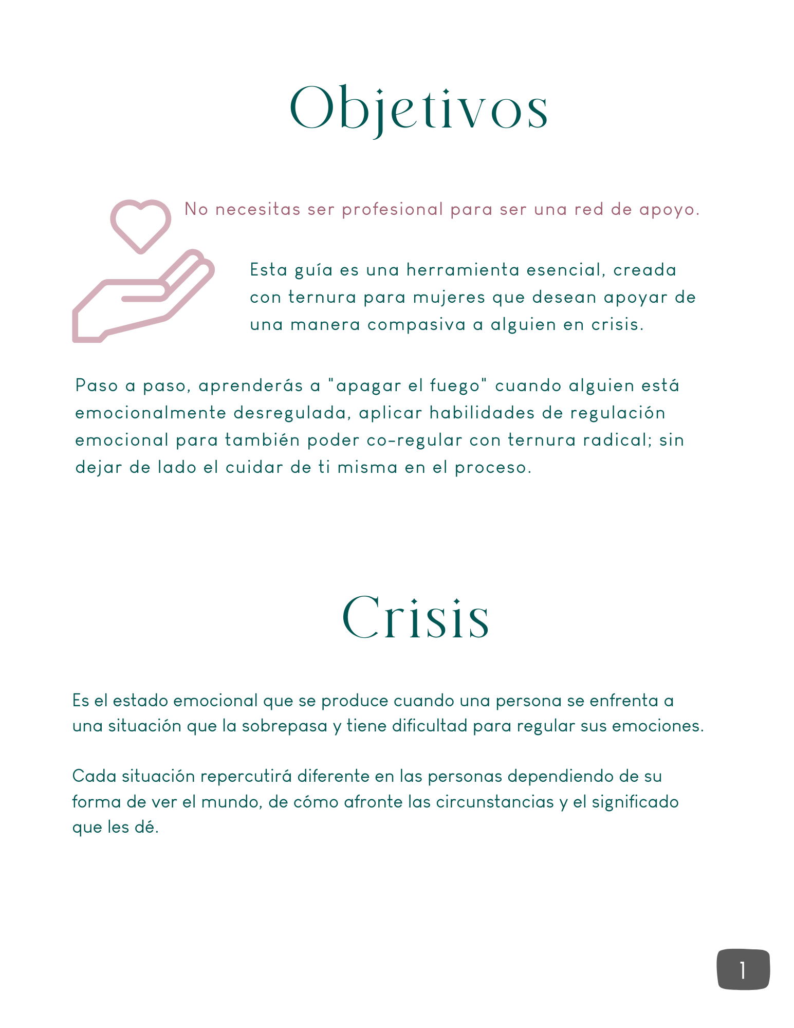 No necesitas ser profesional para ser una red de apoyo. 

Esta guía de Primeros Auxilios Psicológicos es una herramienta esencial, creada con ternura para mujeres que desean apoyar de una manera compasiva a alguien en crisis. 

Paso a paso, aprenderás a "apagar el fuego" cuando alguien está emocionalmente desregulada, aplicar habilidades de regulación emocional para también poder co-regular con ternura radical; sin dejar de lado el cuidar de ti misma en el proceso.